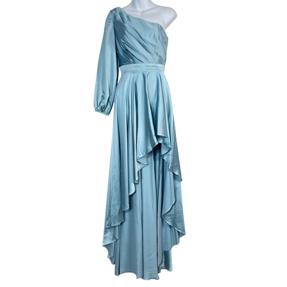 Mac Duggal  Blue Long Sleeve One Shoulder Satin High Low A-line Gown Size‎ 6 NEW - Picture 2 of 10